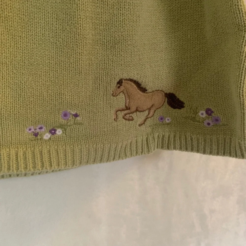 Vintage Gymboree Girls 2T Green Sweater Dress Cable Knit Horse Floral Equestrian